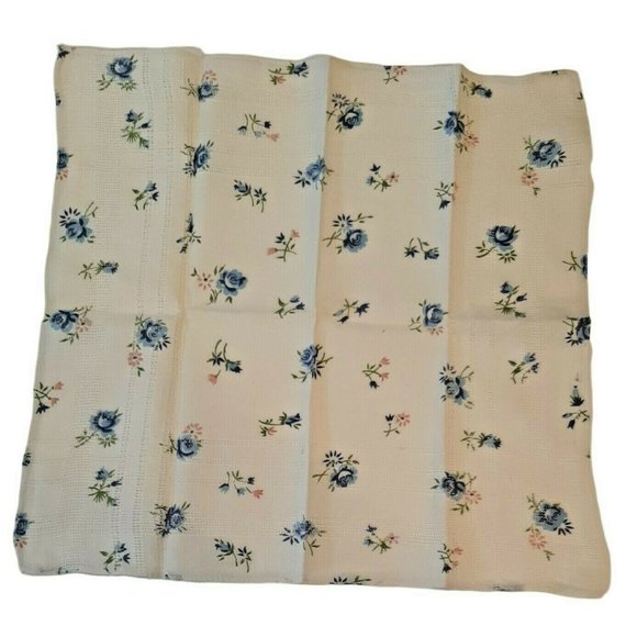 10.5" Square Vintage Hankie Handkerchief Blue Floral Dainty Open Weave - Picture 1 of 10